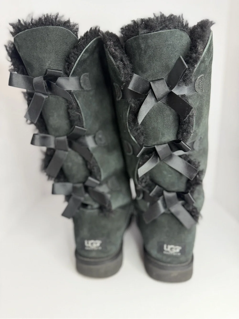 UGG Tall Black Suede Shearling-Trim Boots with Back Bow Accents size 10
